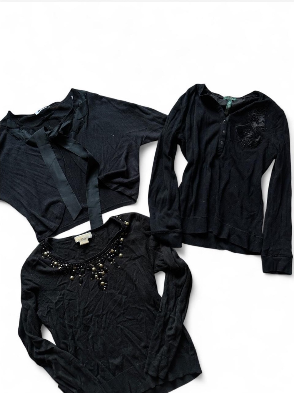 Black Women's Tops Trio — Stylish Long Sleeve & Embellished Sweater Set